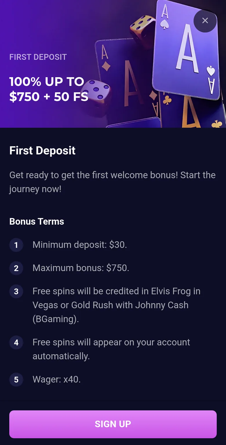 Lucky7even first deposit offer card: 100% up to $750 plus 50 free spins, minimum deposit $30, wager x40