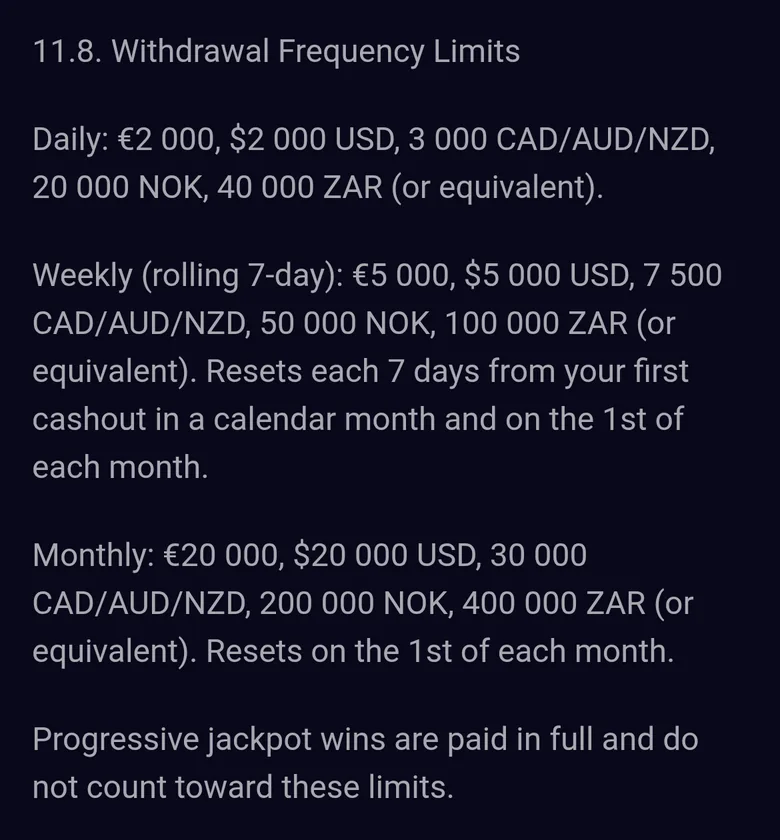 Lucky7even T&C clause 11.8 with daily, weekly and monthly withdrawal limits