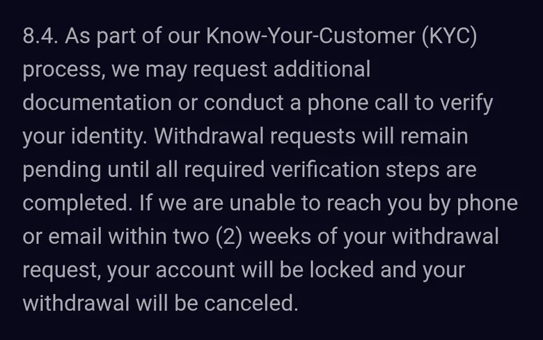 Lucky7even T&C clause 8.4 on phone checks and the two-week deadline for withdrawals