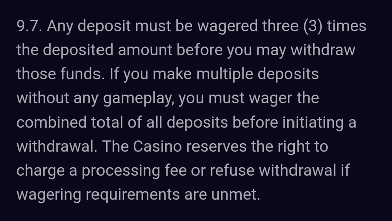 Lucky7even T&C clause 9.7 requiring each deposit to be wagered three times before withdrawal