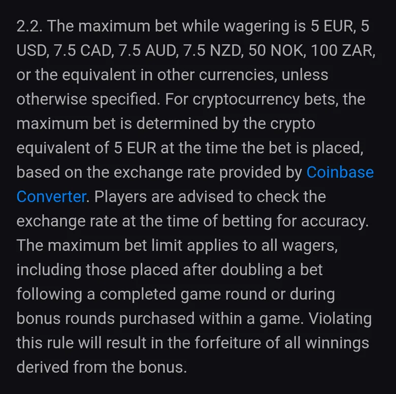 LuckyVibe bonus terms clause 2.2 setting a 7.5 NZD maximum bet while wagering