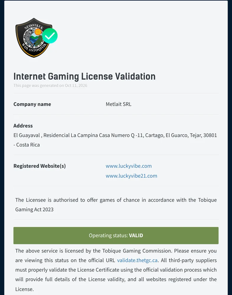 Tobique Gaming Commission validation page for LuckyVibe showing Metlait SRL, www.luckyvibe.com and www.luckyvibe21.com, operating status VALID