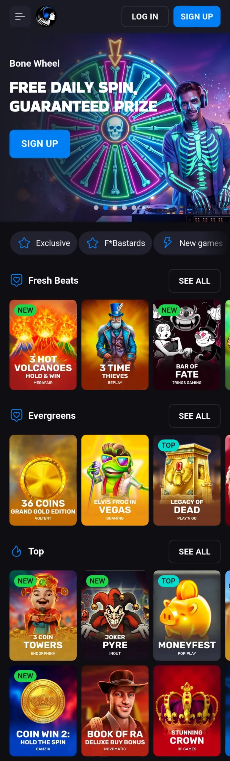 LuckyVibe home page and lobby on a phone in New Zealand with the Fresh Beats, Evergreens and Top rows