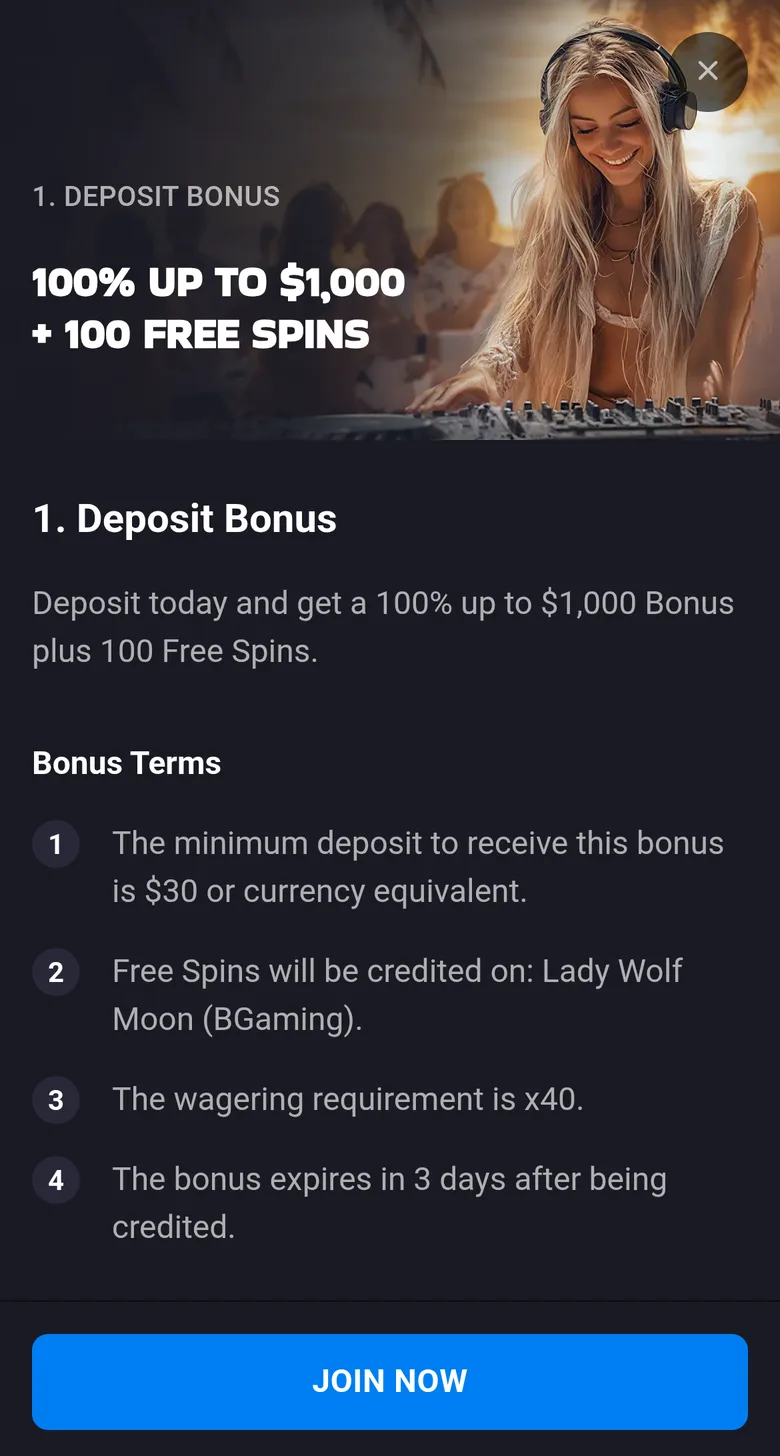 LuckyVibe first deposit offer card: 100% up to $1,000 plus 100 free spins, minimum deposit $30, wagering x40, expires in 3 days