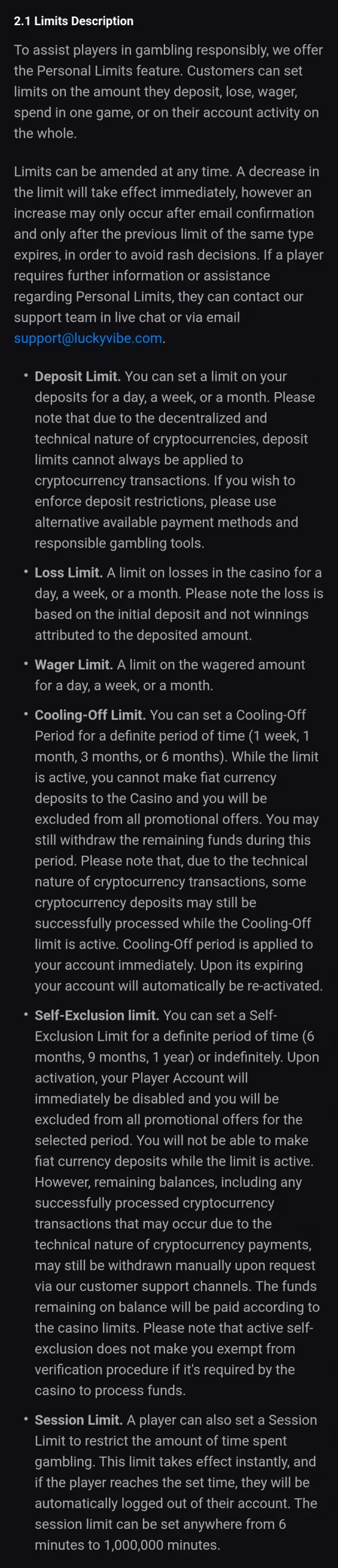 LuckyVibe Responsible Gaming page describing deposit, loss and wager limits, cooling-off, self-exclusion and session limits