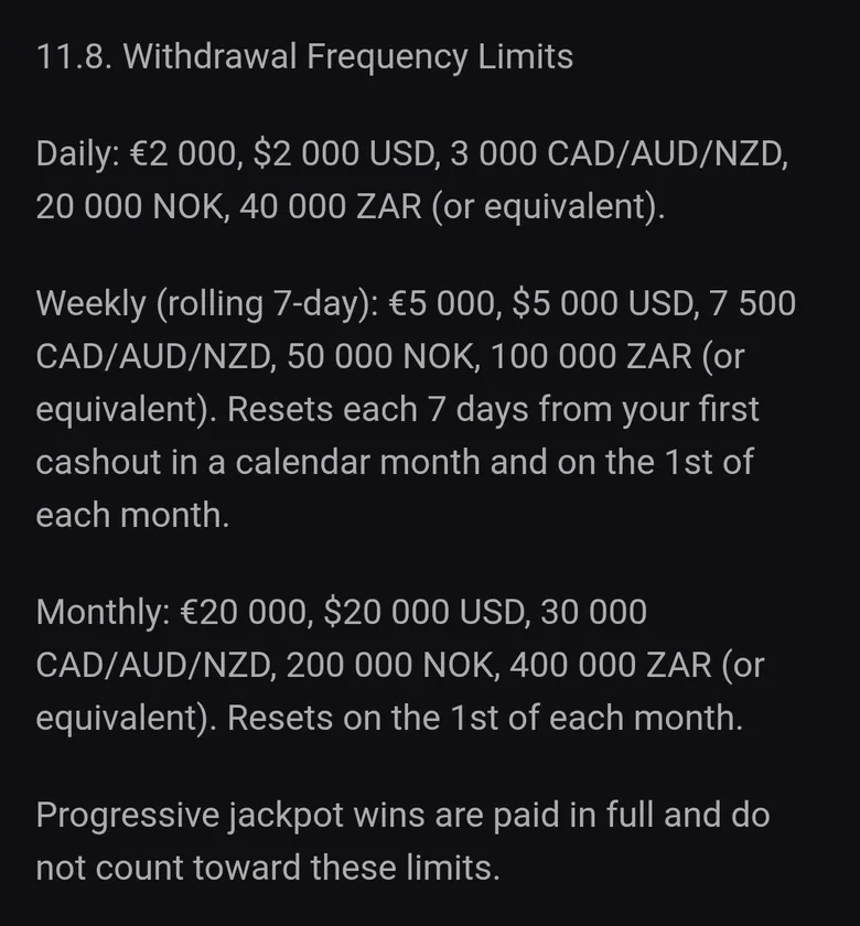 LuckyVibe T&C clause 11.8 with daily, weekly and monthly withdrawal limits