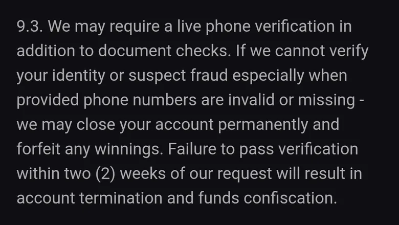 LuckyVibe T&C clause 9.3 on phone verification and the two-week deadline before funds are confiscated