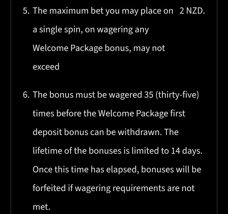 Mirax bonus terms items 5 and 6 of the first deposit bonus: 2 NZD maximum bet, 35x wagering, 14 days