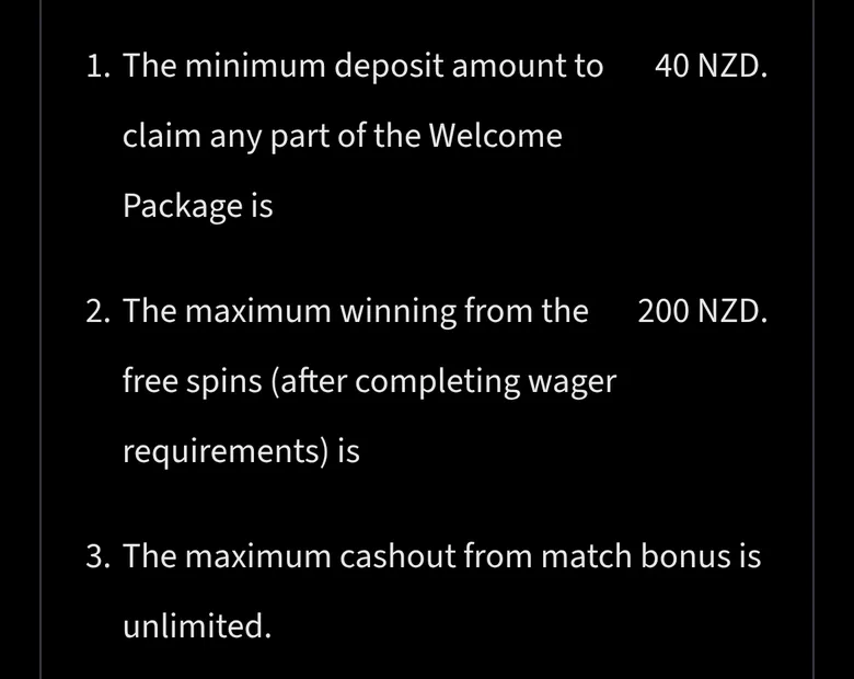 Mirax bonus terms for the welcome package: 40 NZD minimum deposit, 200 NZD free spin cap, unlimited cash-out from the match bonus