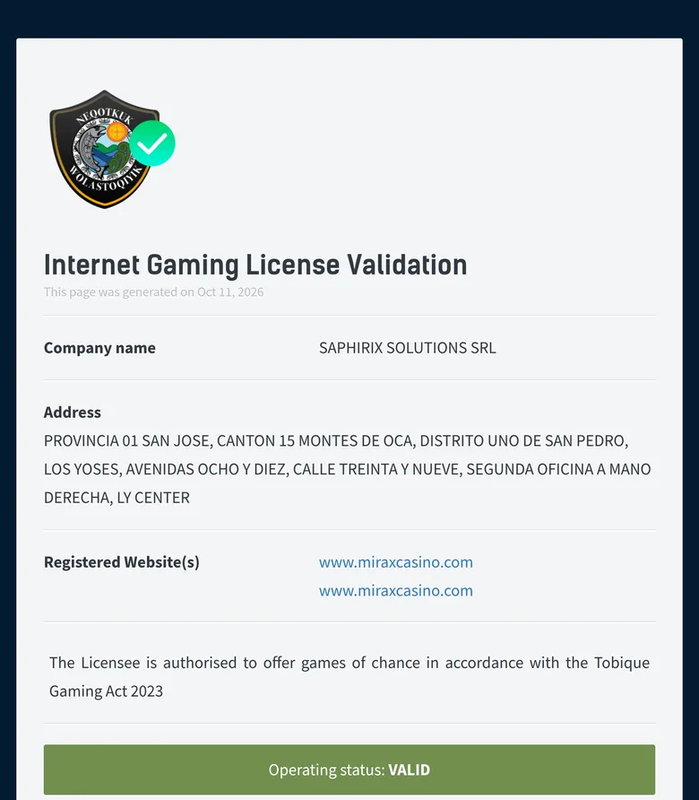 Tobique Gaming Commission validation page for www.miraxcasino.com showing Saphirix Solutions SRL and operating status VALID