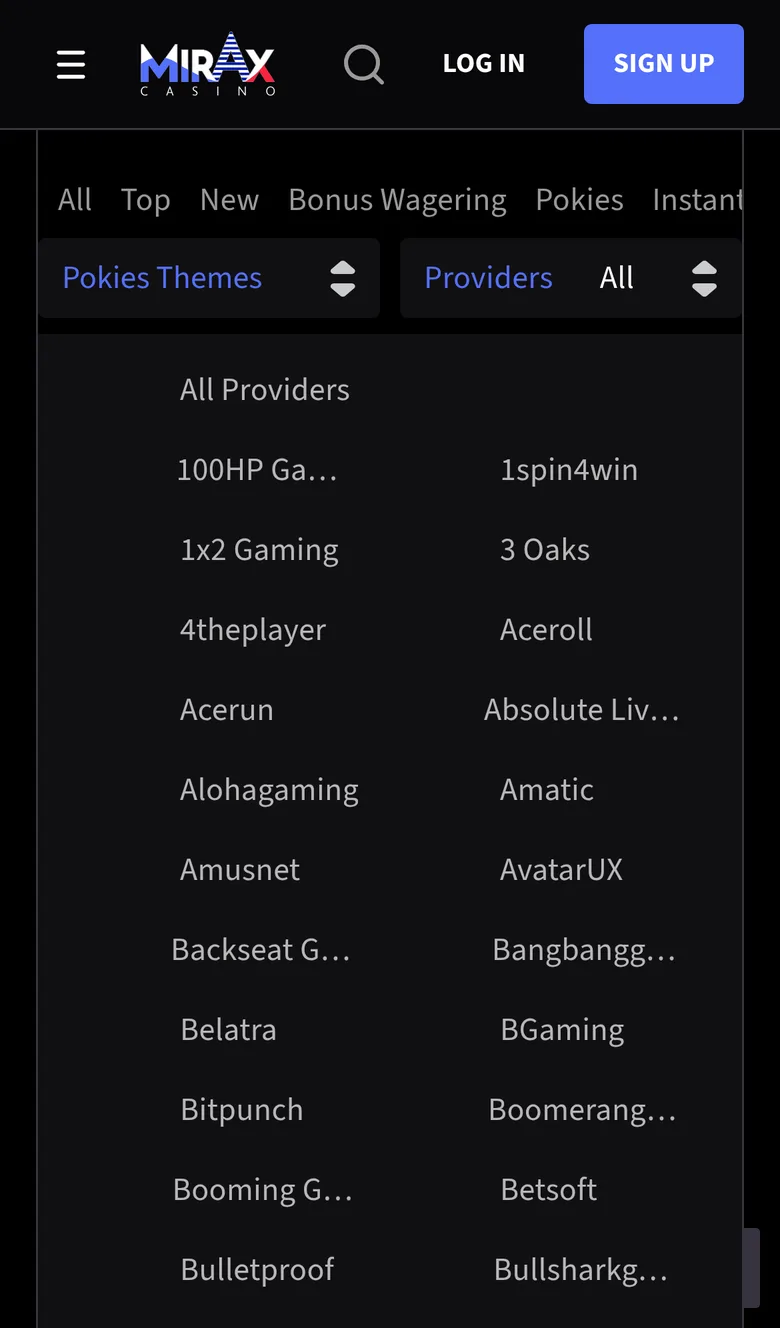 Mirax provider filter on a phone in New Zealand listing studios such as 1x2 Gaming, 3 Oaks, Amatic and BGaming