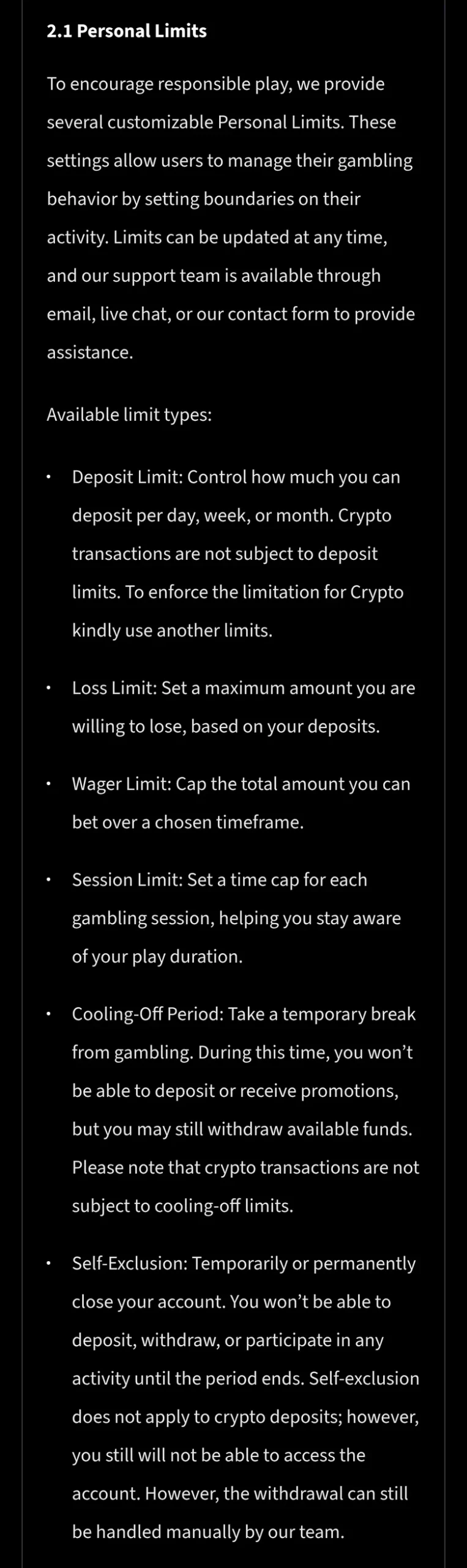 Mirax Responsible Gaming page section 2.1 listing deposit, loss, wager and session limits, cooling-off and self-exclusion