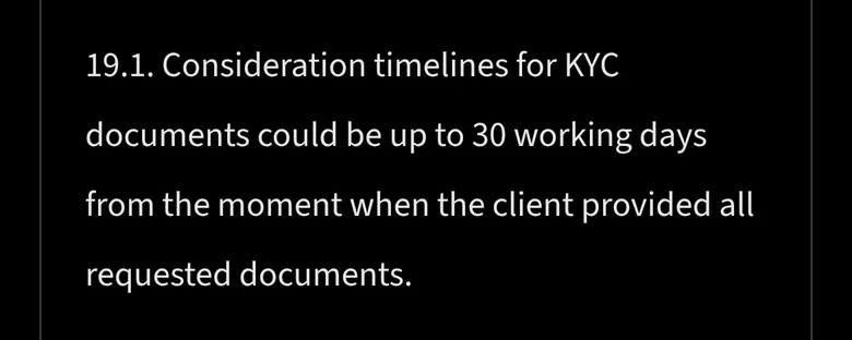 Mirax T&C clause 19.1 saying KYC checks could take up to 30 working days