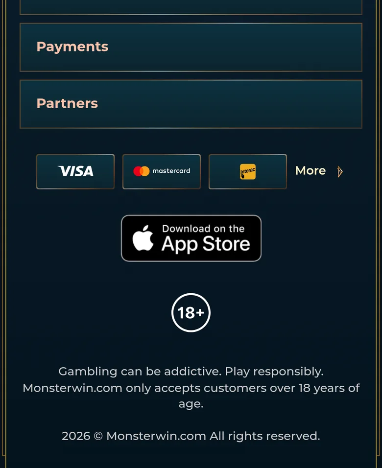 Monster Win site footer with payment logos and an 18+ badge but no licence seal