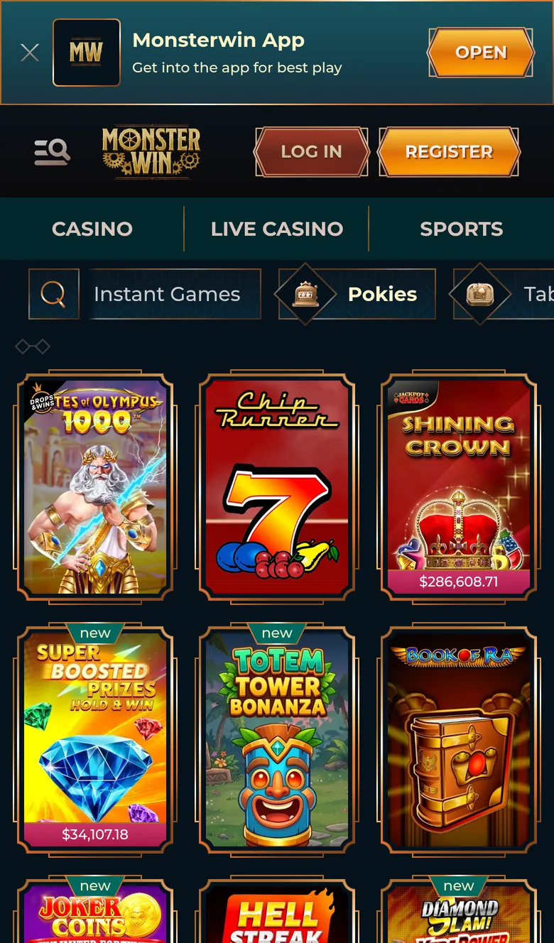 Monster Win pokies lobby on a phone in New Zealand