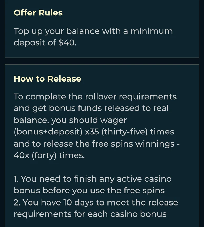 Monster Win welcome offer rules: $40 minimum deposit, wager bonus plus deposit 35 times, 10 days
