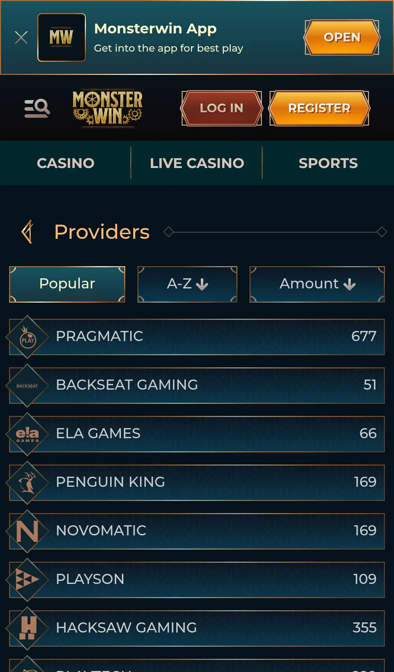 Monster Win provider list led by Pragmatic, Backseat Gaming, ELA Games, Penguin King, Novomatic, Playson and Hacksaw Gaming