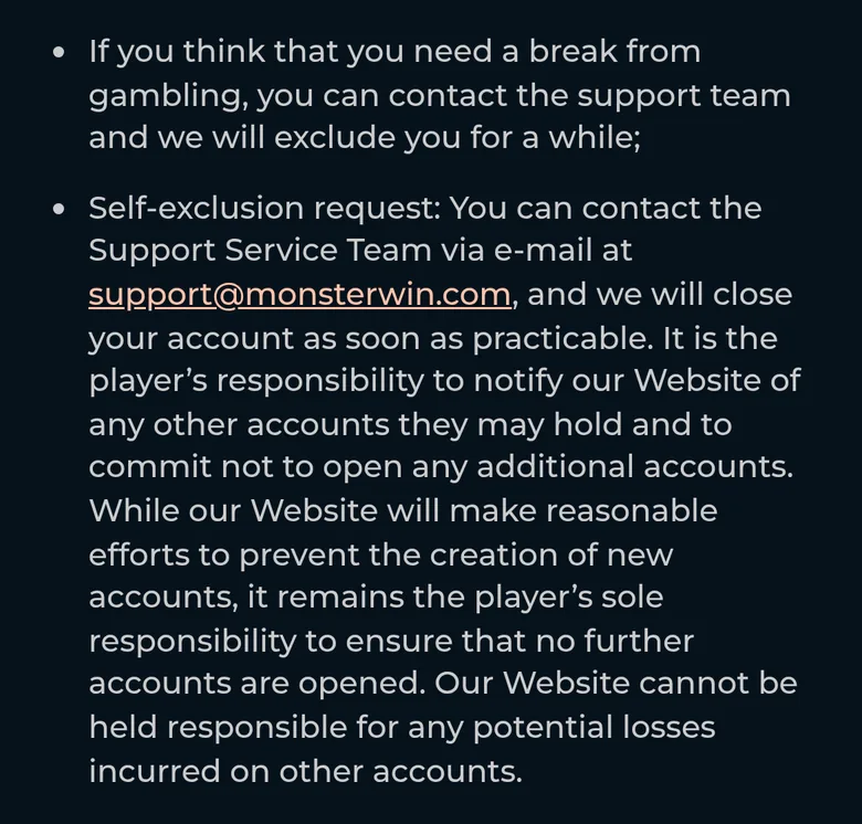 Monster Win Responsible Gaming page: break and self-exclusion by contacting support