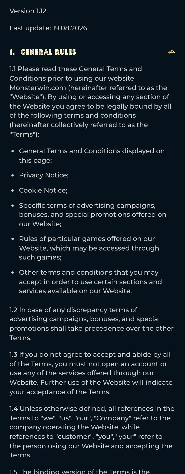 Monster Win T&C version 1.12 clauses 1.1 to 1.4 referring only to the company operating the website