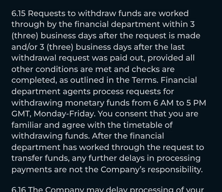 Monster Win T&C clause 6.15: withdrawals worked through within 3 business days