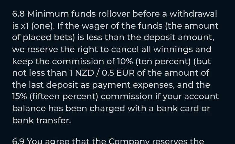 Monster Win T&C clause 6.8 on wagering a deposit once and a 10 or 15 percent commission