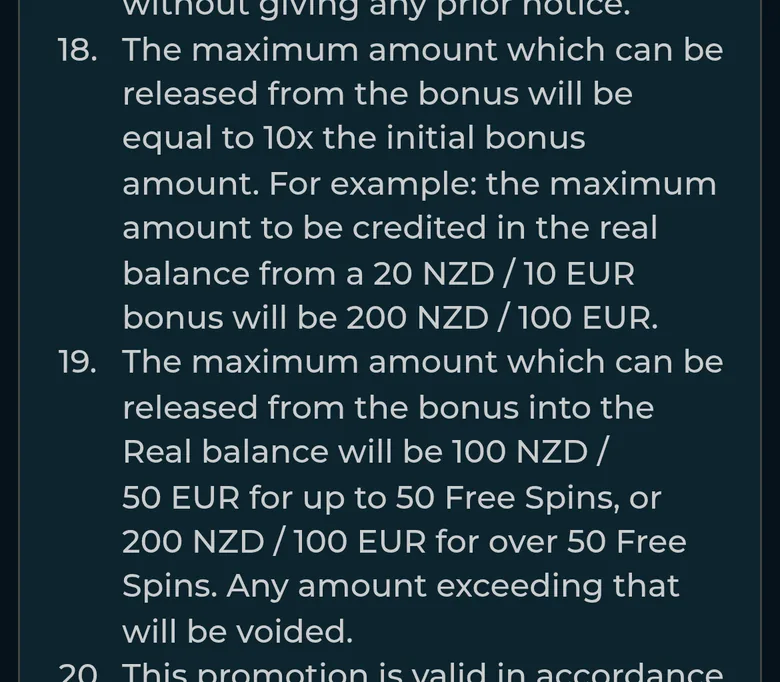 Monster Win welcome bonus terms 18 and 19: 10x bonus cash-out cap and free spin winnings cap