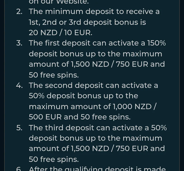 Monster Win welcome bonus terms 2 to 5: 20 NZD minimum, 150%, 50% and 50% over three deposits