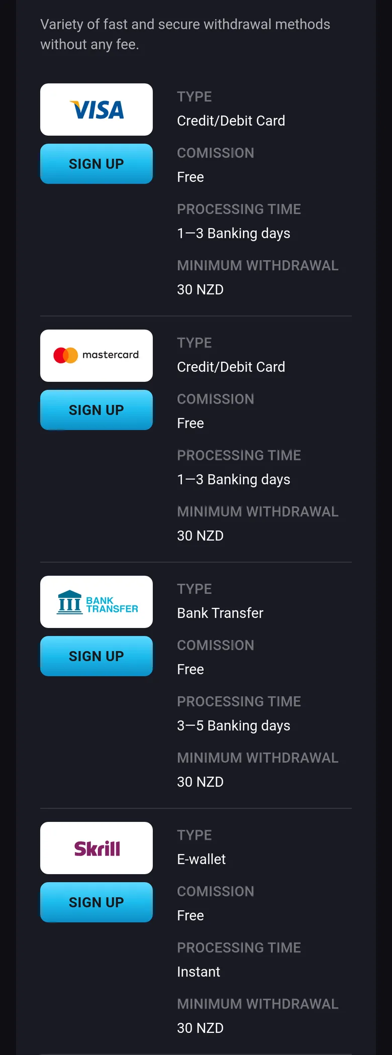 Playmojo withdrawal methods with processing times and 30 NZD minimum withdrawals