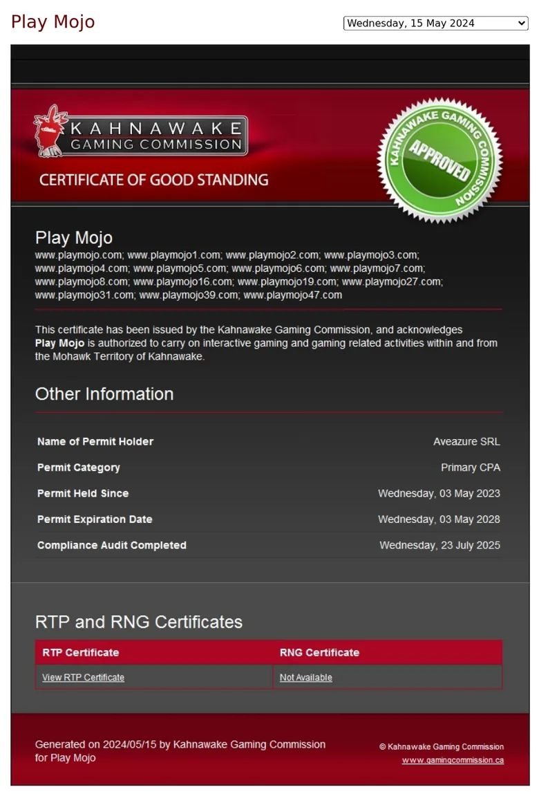 Kahnawake Gaming Commission Certificate of Good Standing for Play Mojo and Aveazure SRL