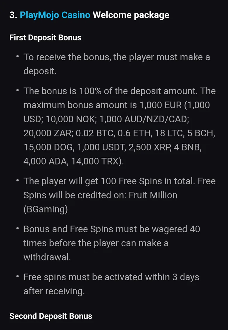 Playmojo bonus terms for the first deposit bonus with 40x wagering on bonus and free spins