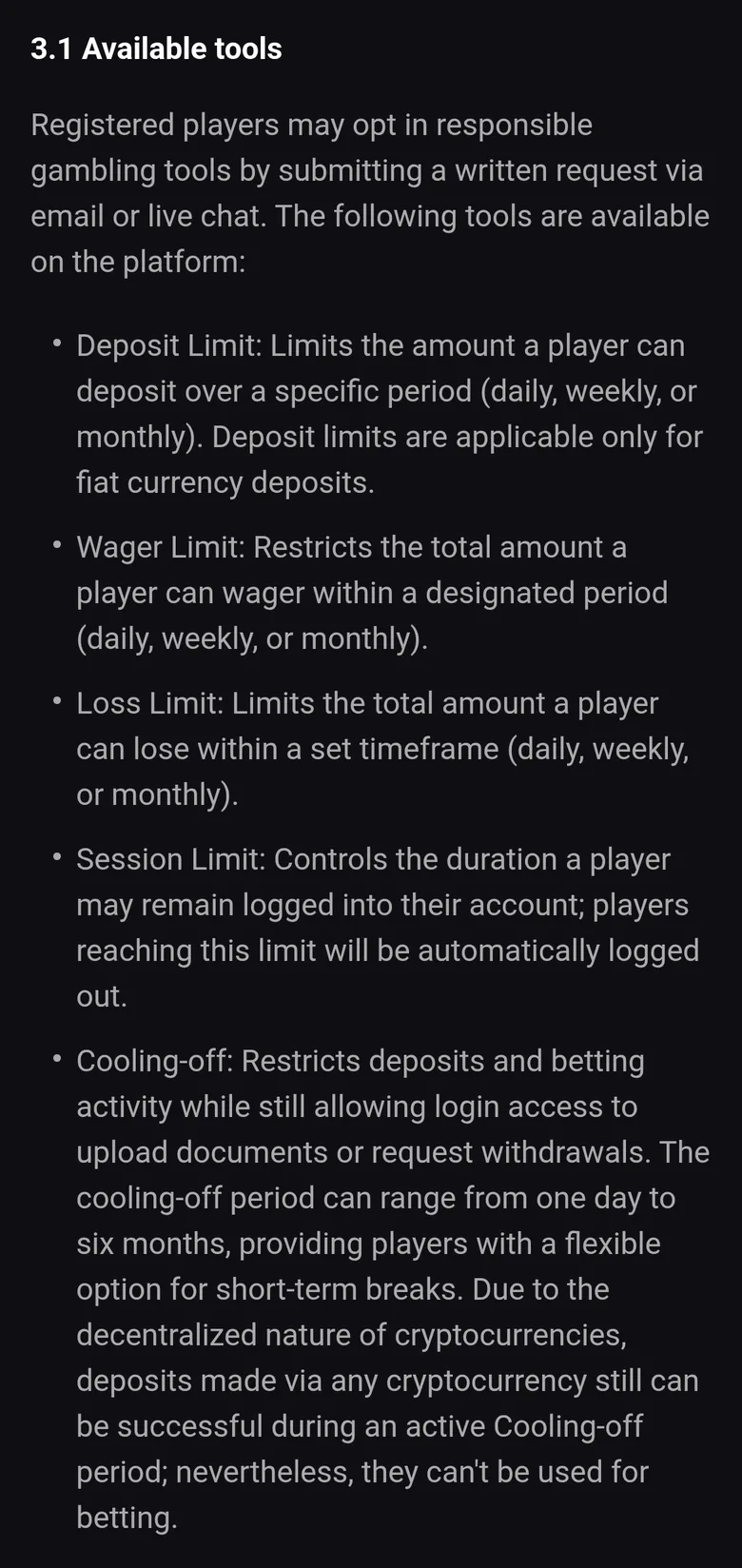 Playmojo Responsible Gaming page listing deposit, wager, loss and session limits and cooling-off