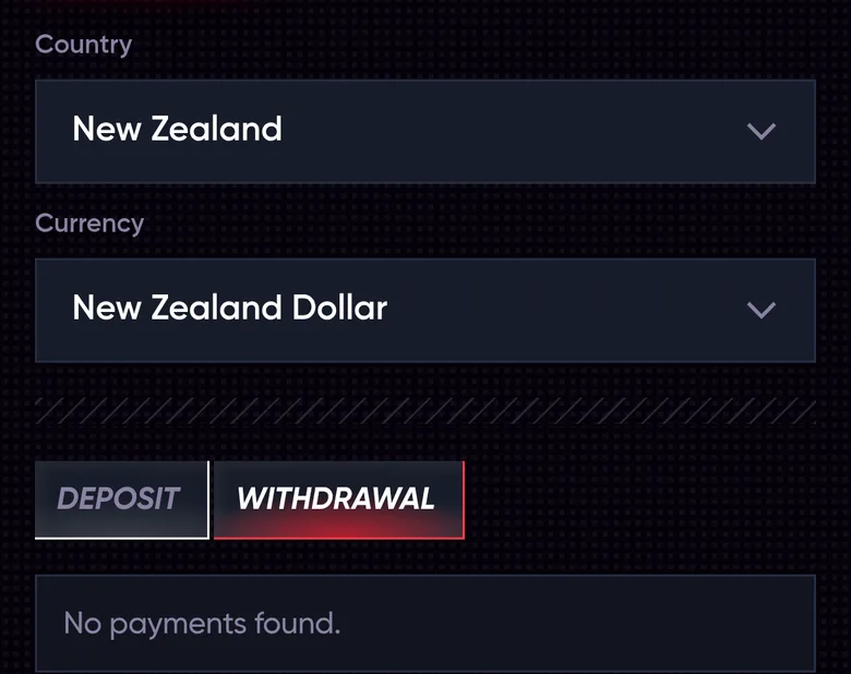 QuickWin Payments page set to New Zealand and New Zealand Dollar showing no payments found