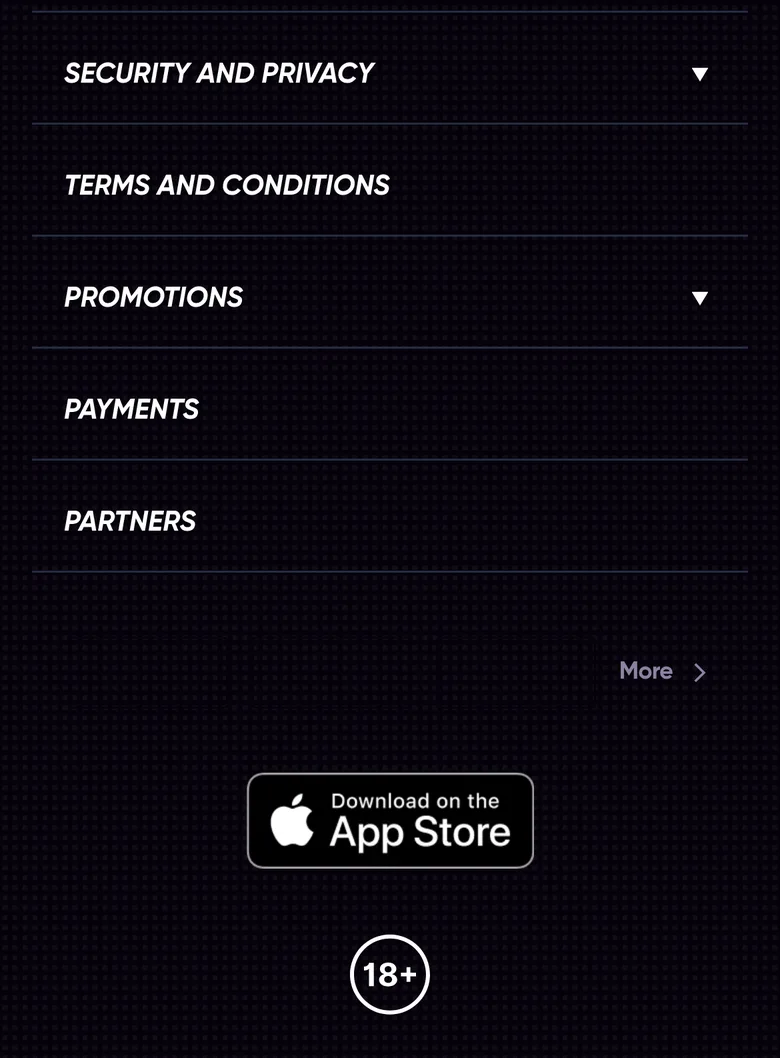 QuickWin site footer on a phone with an 18+ badge and no licence seal