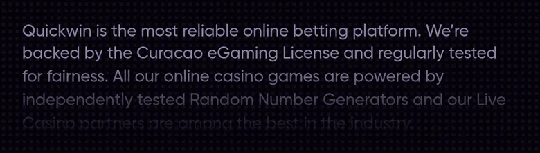 QuickWin home page text saying it is backed by the Curacao eGaming License