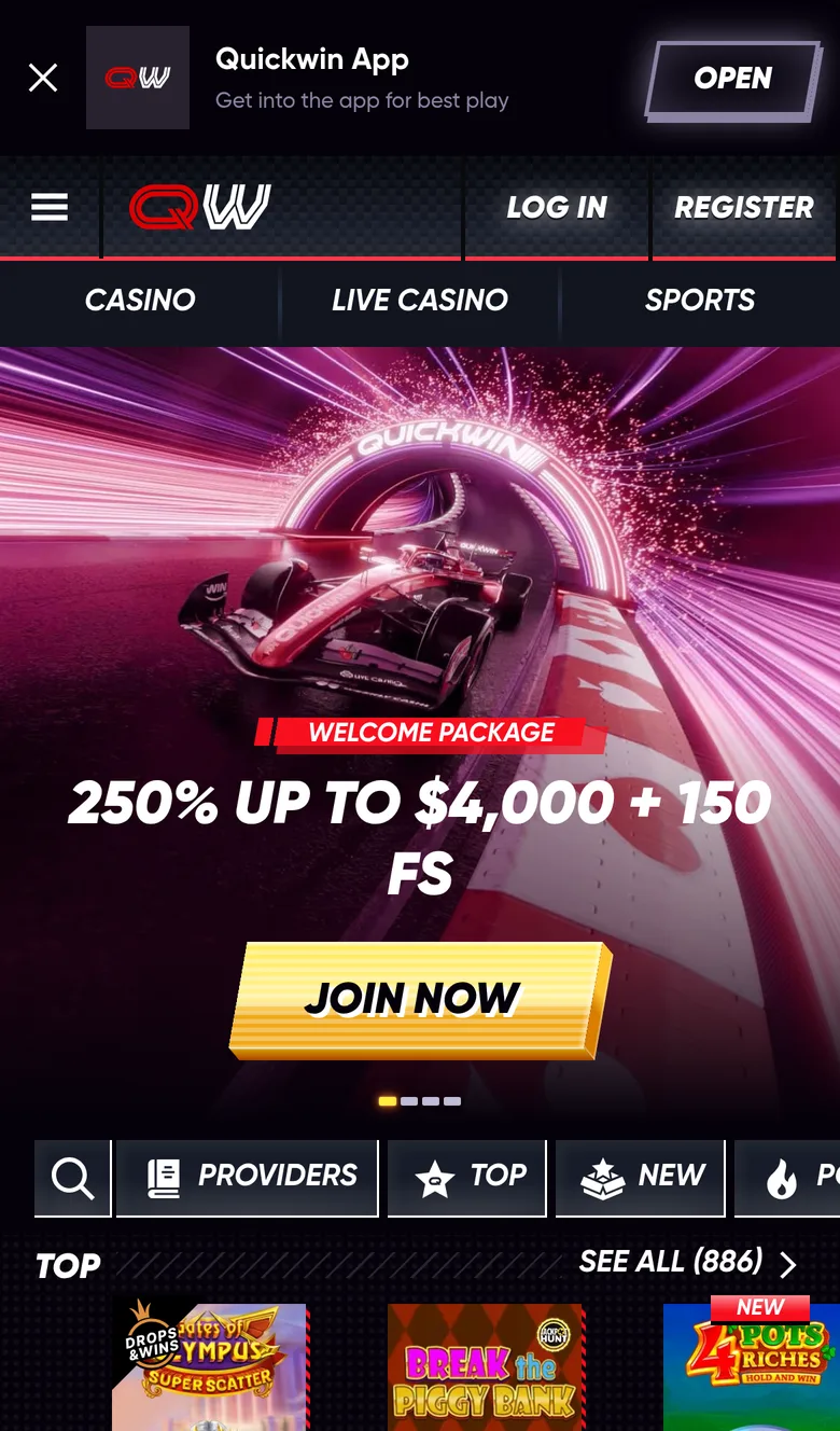 QuickWin home page and pokies lobby on a phone in New Zealand with the welcome package banner