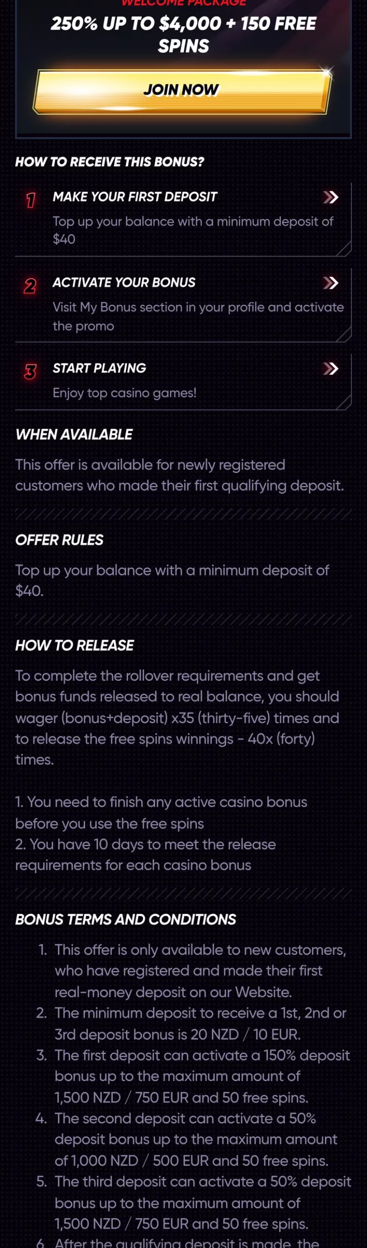 QuickWin welcome package page: 250% on the card, 35x deposit plus bonus, 150% on the first deposit