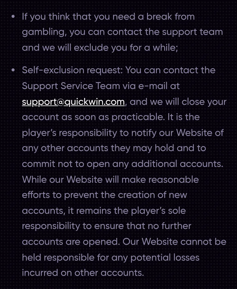 QuickWin Responsible Gaming page on breaks and self-exclusion through support
