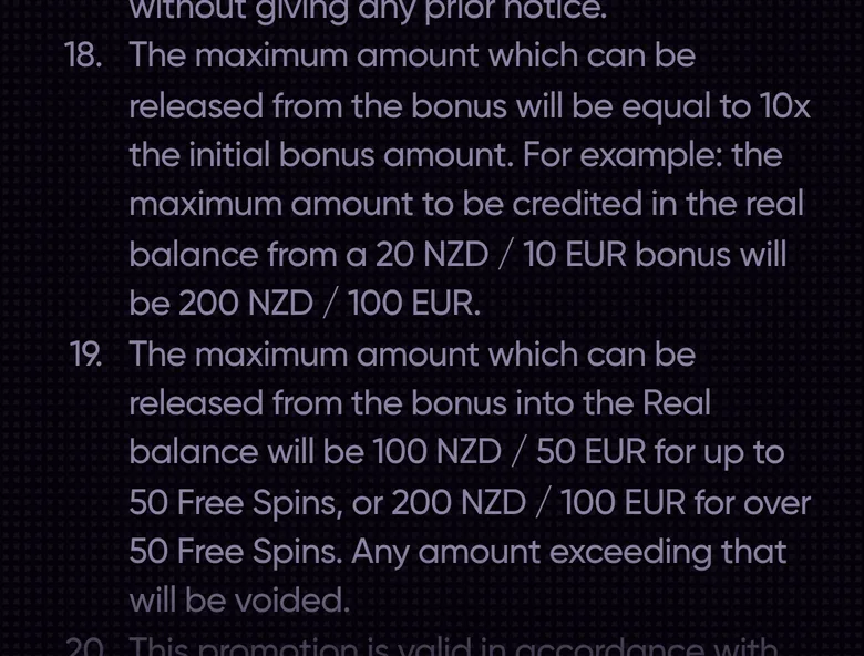 QuickWin welcome package terms 18 and 19 on the 10x bonus cap and free spin cap
