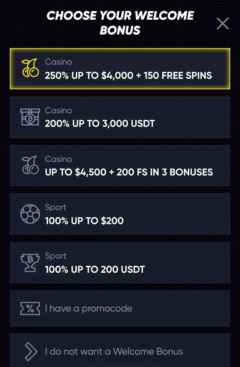 QuickWin sign-up window with welcome bonus choices including 250% up to $4,000 and up to $4,500 + 200 FS in 3 bonuses