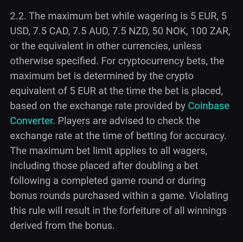 Rooster.bet bonus terms clause 2.2 on the maximum bet while wagering