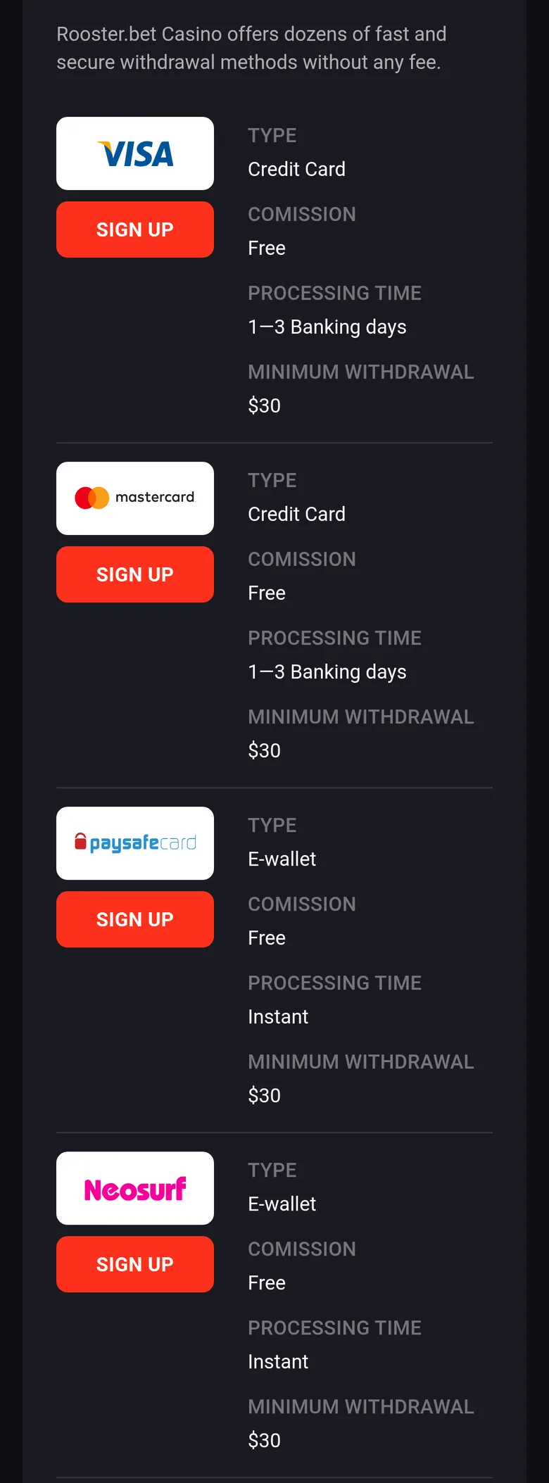 Rooster.bet withdrawal methods with processing times and minimum withdrawals