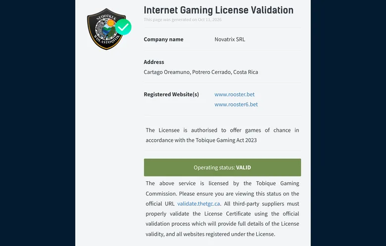 Tobique Gaming Commission validation page for Novatrix SRL showing operating status valid