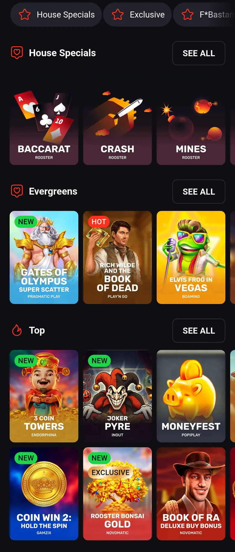 Rooster.bet lobby on a phone in New Zealand