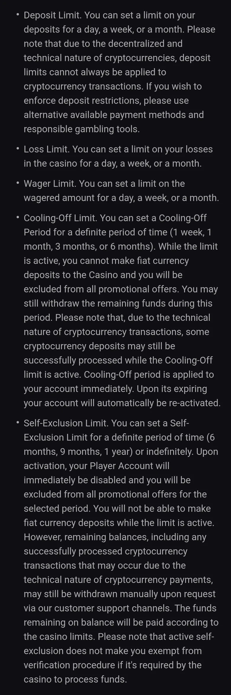 Rooster.bet Responsible Gaming page listing deposit, loss and wager limits, cooling-off and self-exclusion