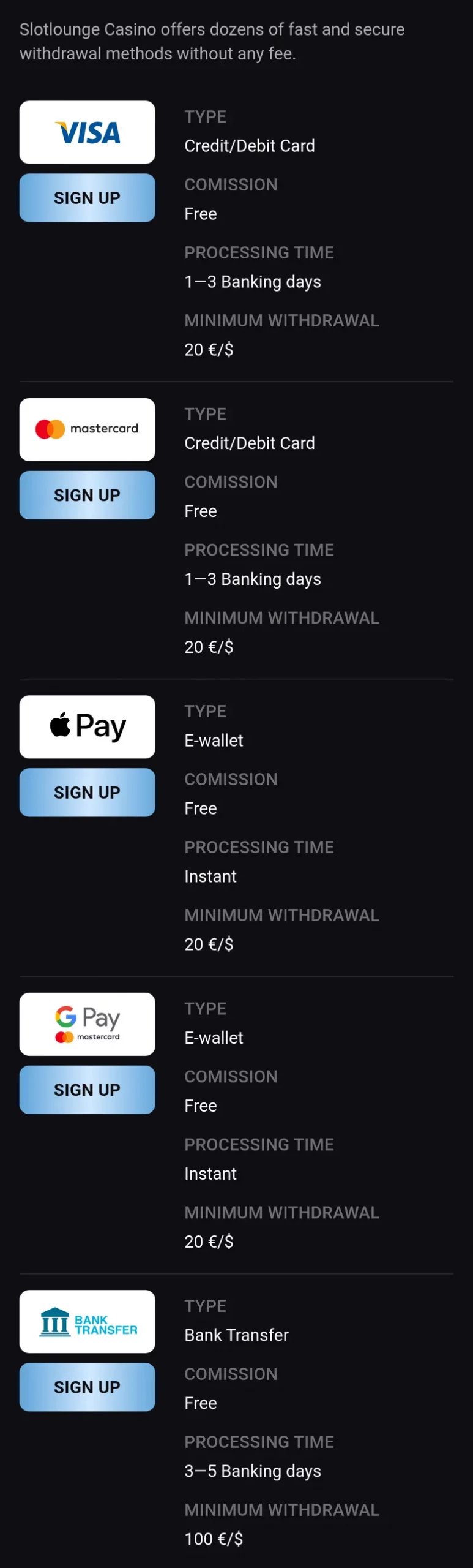 Slot Lounge withdrawal methods with processing times and minimum withdrawals