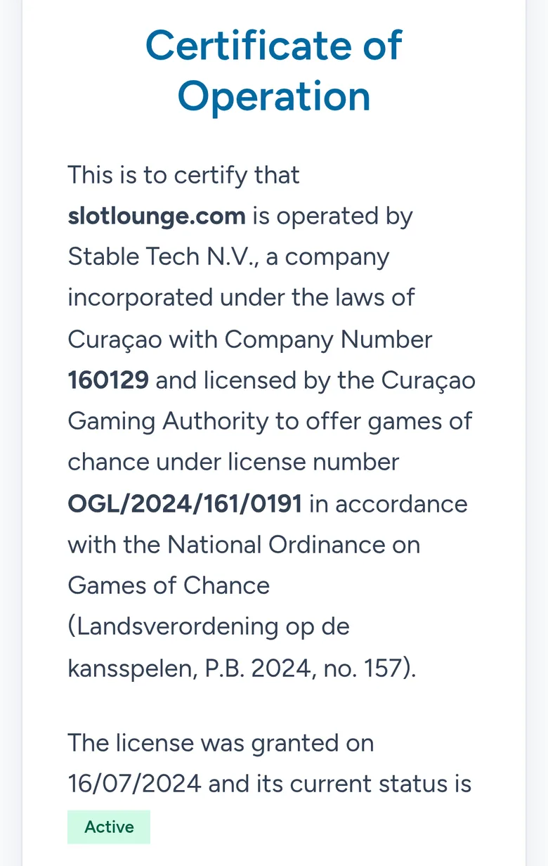 Curacao Gaming Authority certificate for slotlounge.com showing status Active