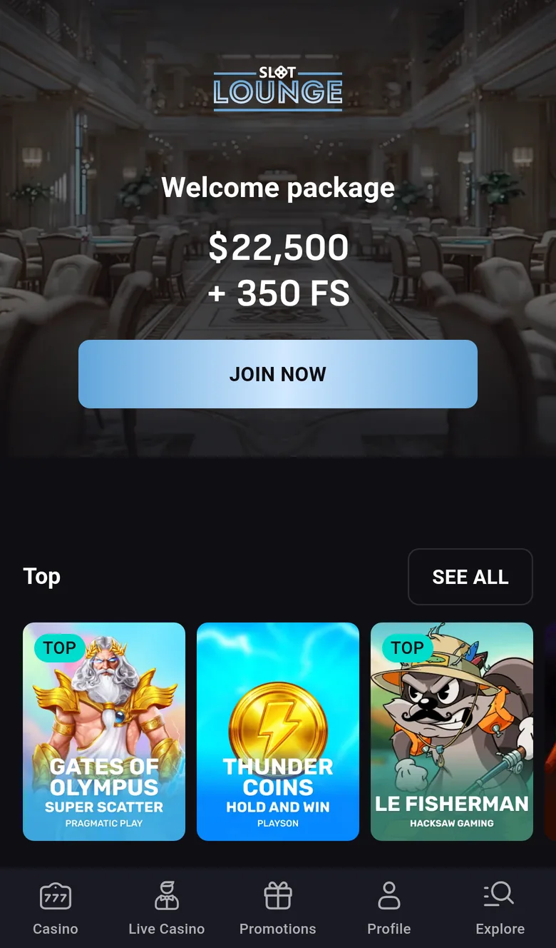 Slot Lounge home page and lobby on a phone in New Zealand