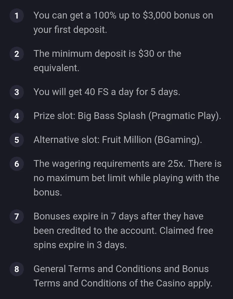 Slot Lounge first deposit bonus terms showing 25x wagering and no maximum bet