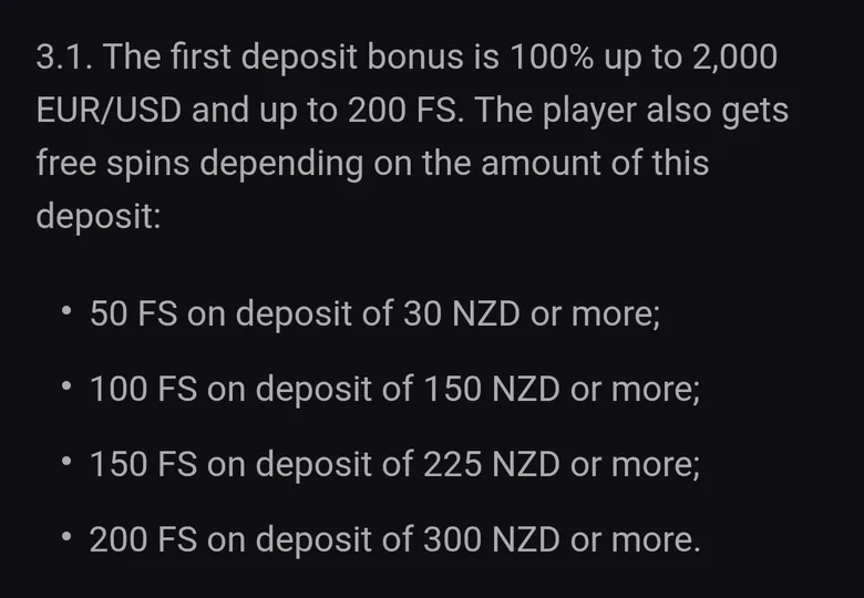 Slot Lounge bonus terms clause 3.1 describing a 2,000 EUR/USD first deposit bonus