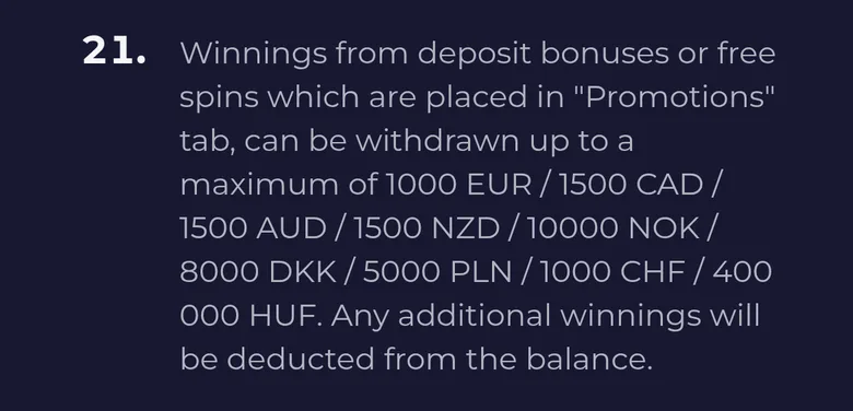 Slota general bonus terms rule 21 capping winnings from Promotions-tab bonuses at 1500 NZD